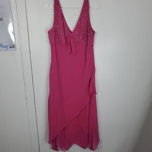 Womens Midi Dress Sequin Babydoll Empire Waist Asymmetrical Hem Evening 12 Pink